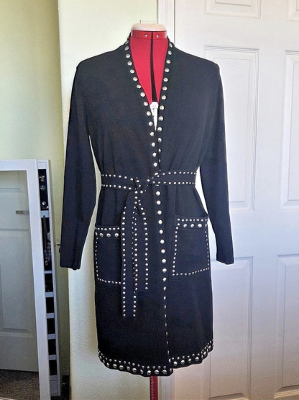 INC Long Black Studded Cardigan with Tie Belt